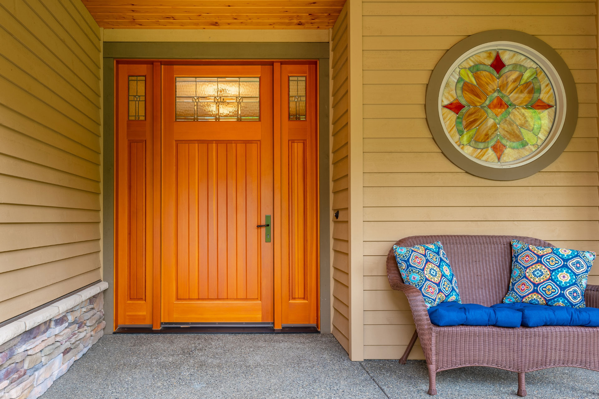 Patio with ornamental stained glass window
