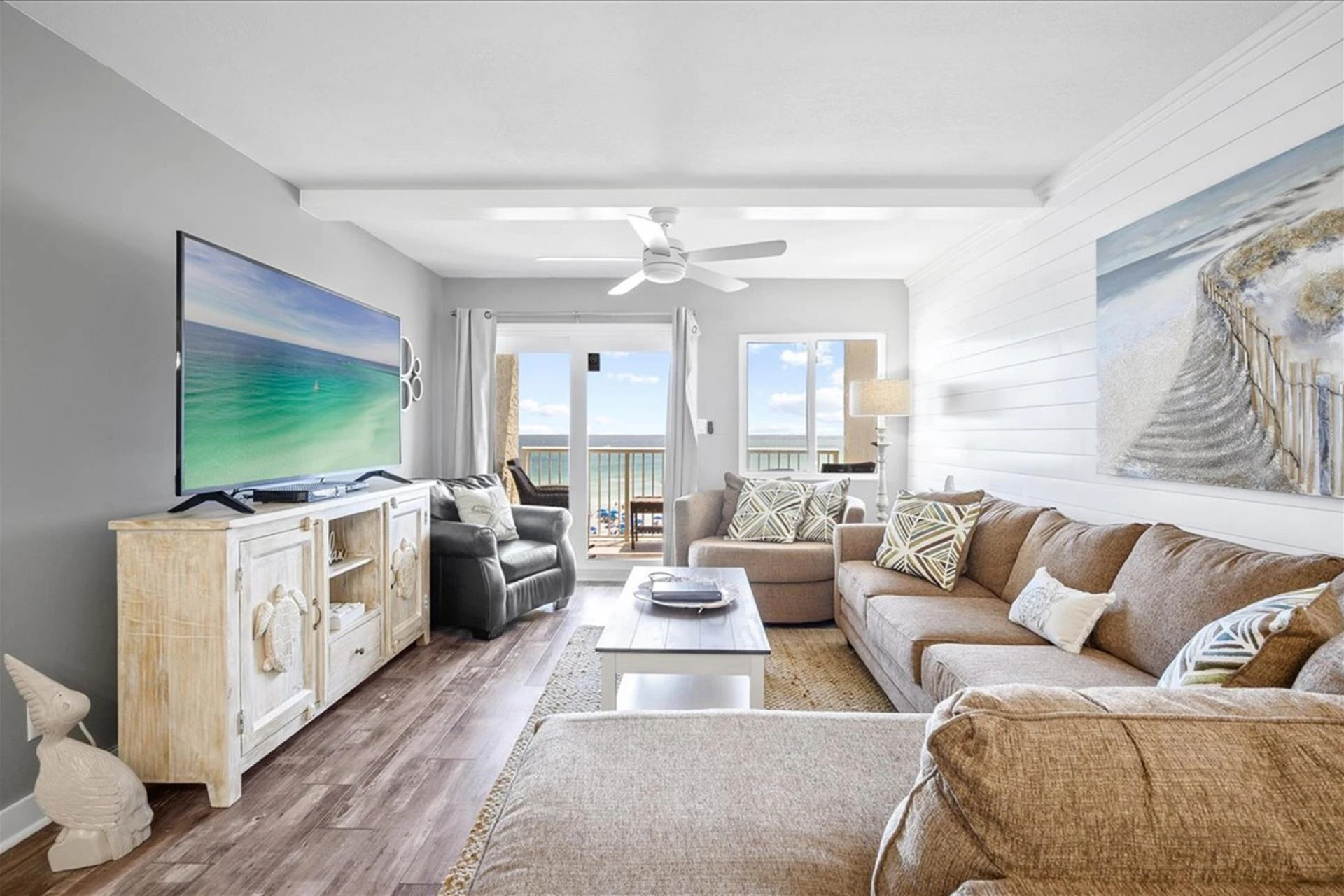 The living room of a beachfront rental house