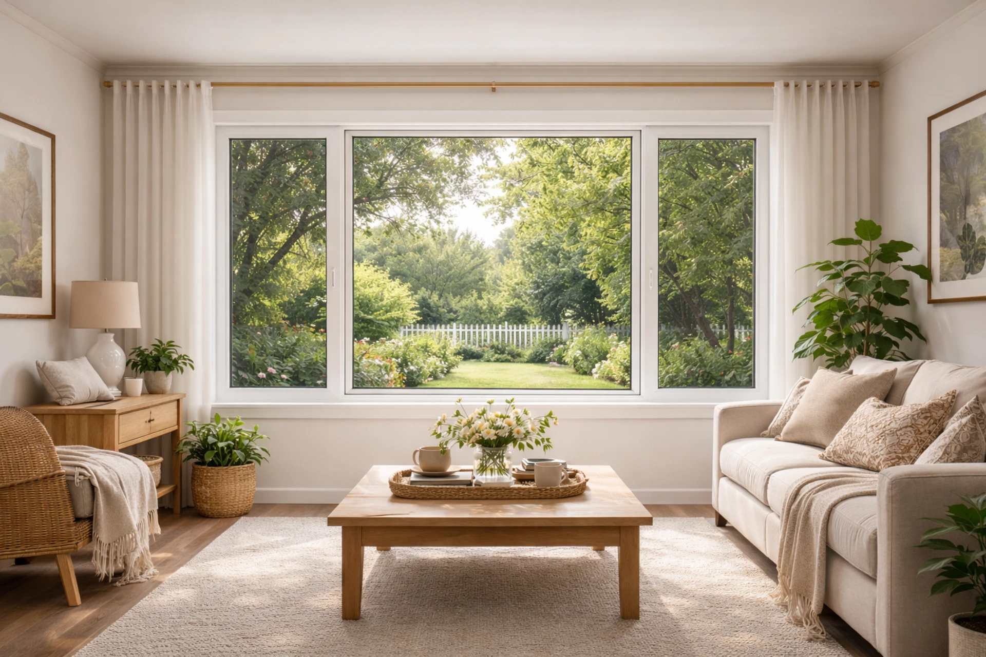 Bright living room with a large window overlooking a green garden, featuring a sofa, coffee table, plants, and soft neutral decor