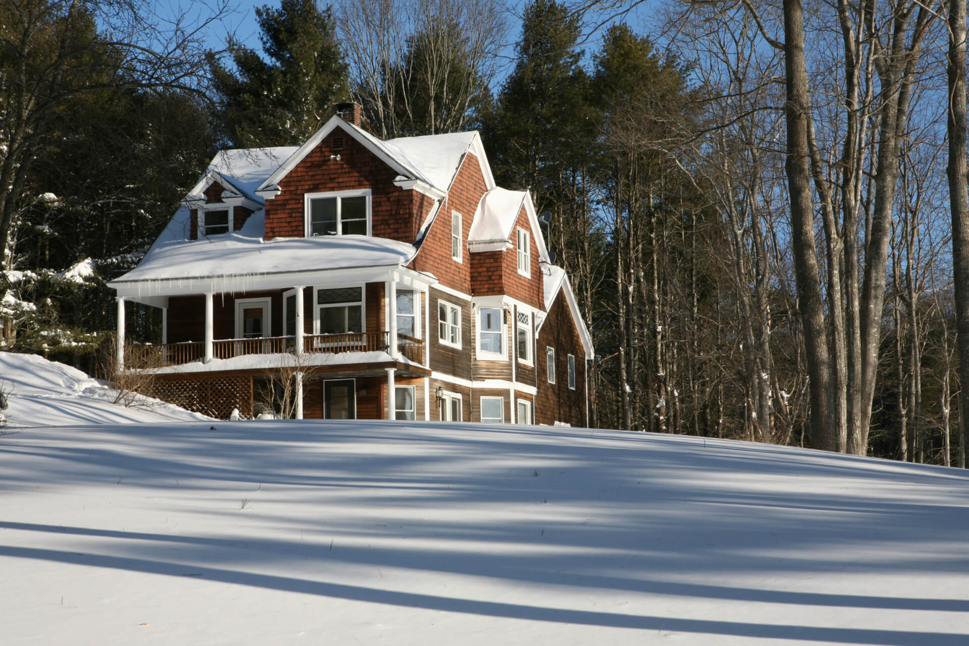 A two-storey brick home with multiple windows in the middle of a snowy forest