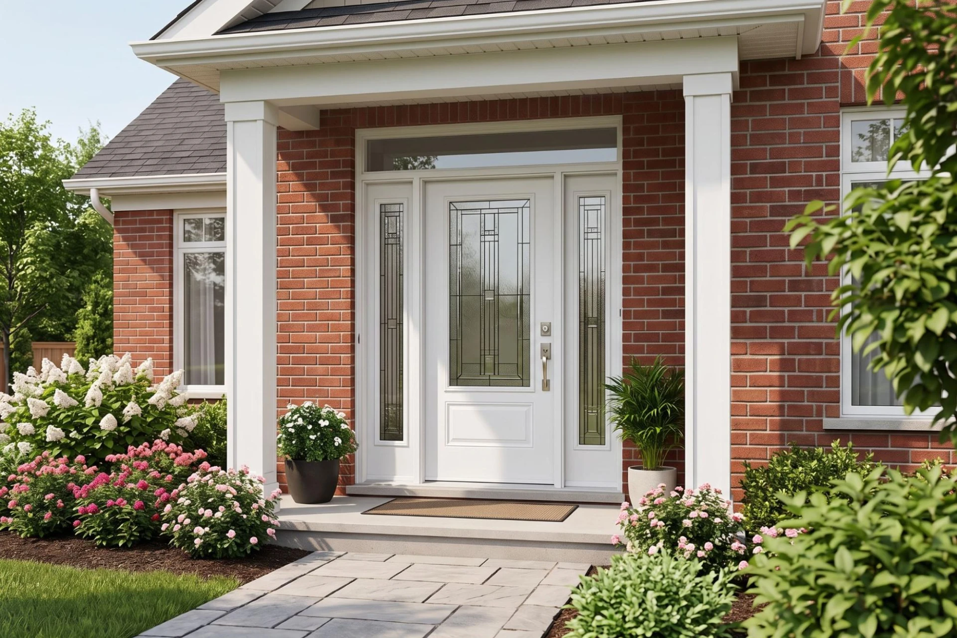 A modern front entryway of an Ontario home showing a new entry door with decorative glass and surrounding landscaping