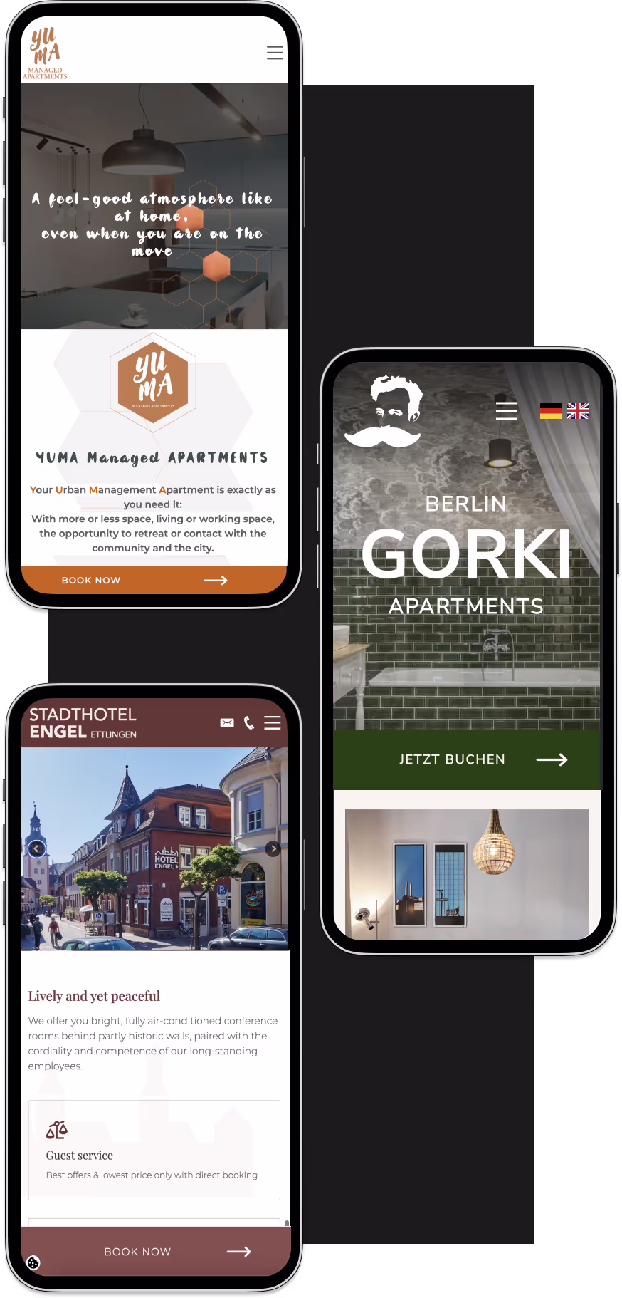 3 mobile phones with different websites created by MHS