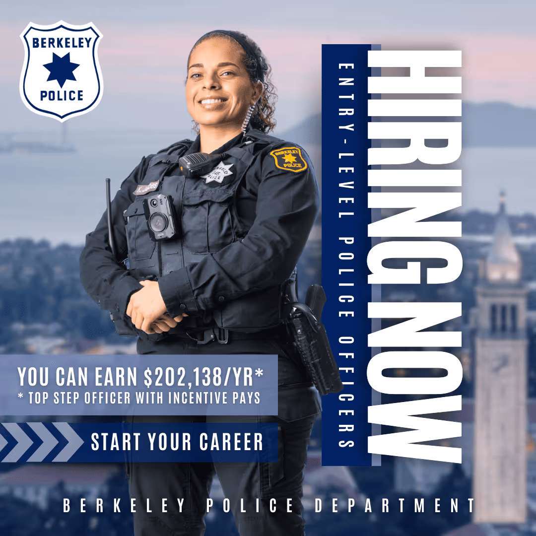Smiling female Berkeley police officer in uniform with text about hiring entry-level police officers and salary.