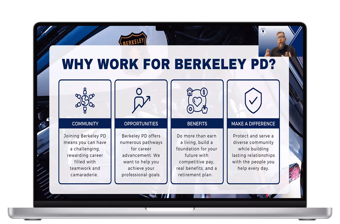 Laptop screen showing a presentation titled 'Why Work for Berkeley PD?' with four boxes labeled Community, Opportunities, Benefits, and Make a Difference, detailing career, advancement, pay, and community service benefits.