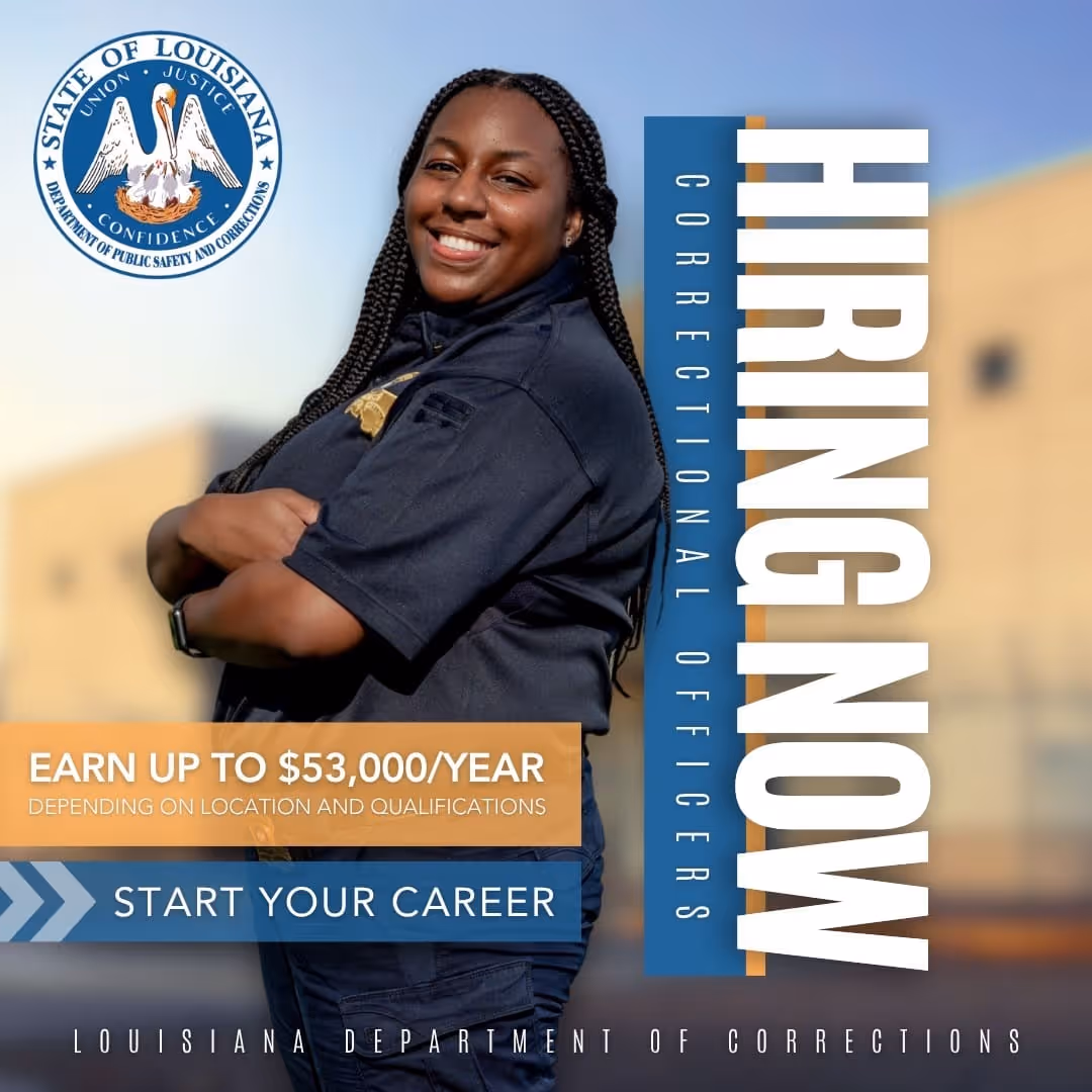 Smiling female correctional officer in uniform with Louisiana Department of Corrections logo, text hiring now and earn up to $53,000/year.