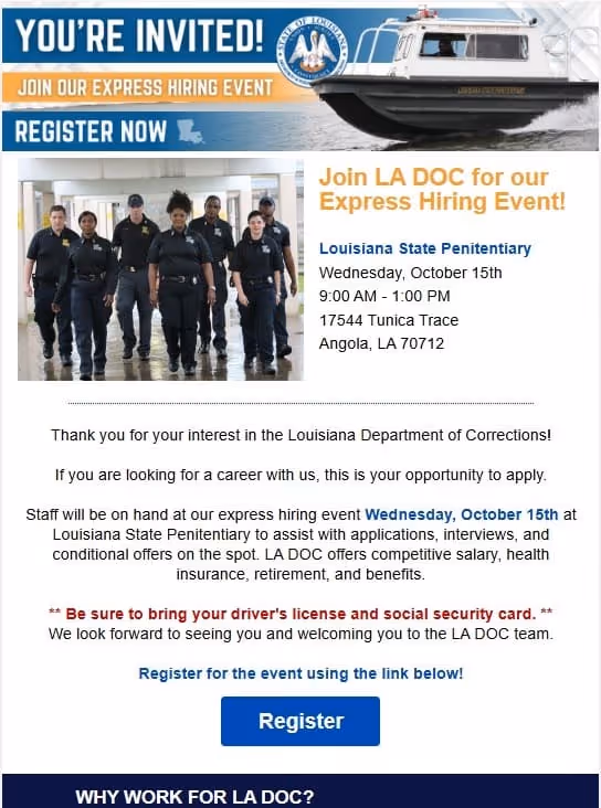 Invitation for LA DOC Express Hiring Event at Louisiana State Penitentiary on October 15, 9 AM to 1 PM, with a photo of uniformed staff walking and a police boat above.