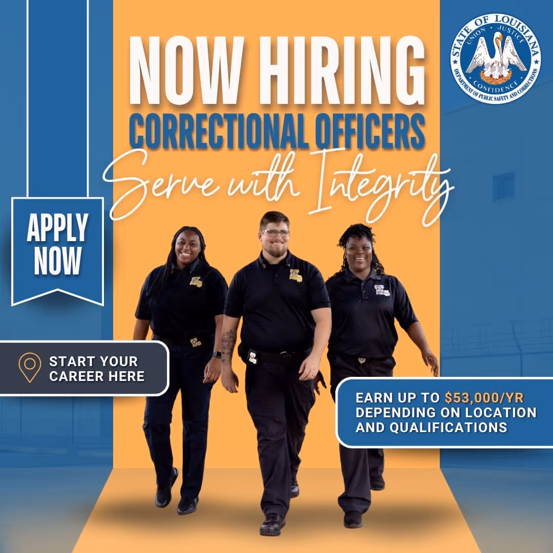 Now hiring correctional officers with three officers walking forward, promoting careers with up to $53,000 per year in Louisiana.