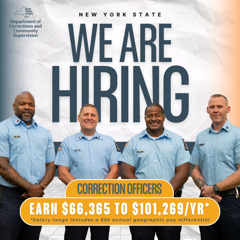 Four correction officers in blue uniforms standing in front of text announcing New York State Department of Corrections and Community Supervision hiring with salary range $66,365 to $101,269 per year.