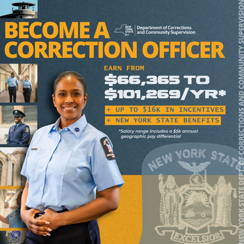 Smiling female correction officer in uniform with text about earning $66,365 to $101,269 per year plus incentives and benefits from New York State Department of Corrections.