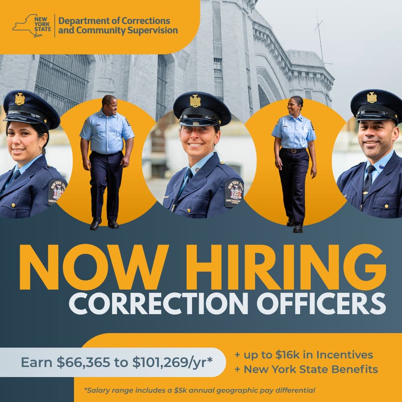 New York State Department of Corrections and Community Supervision hiring ad showing diverse correction officers in uniform with salary range and benefits details.