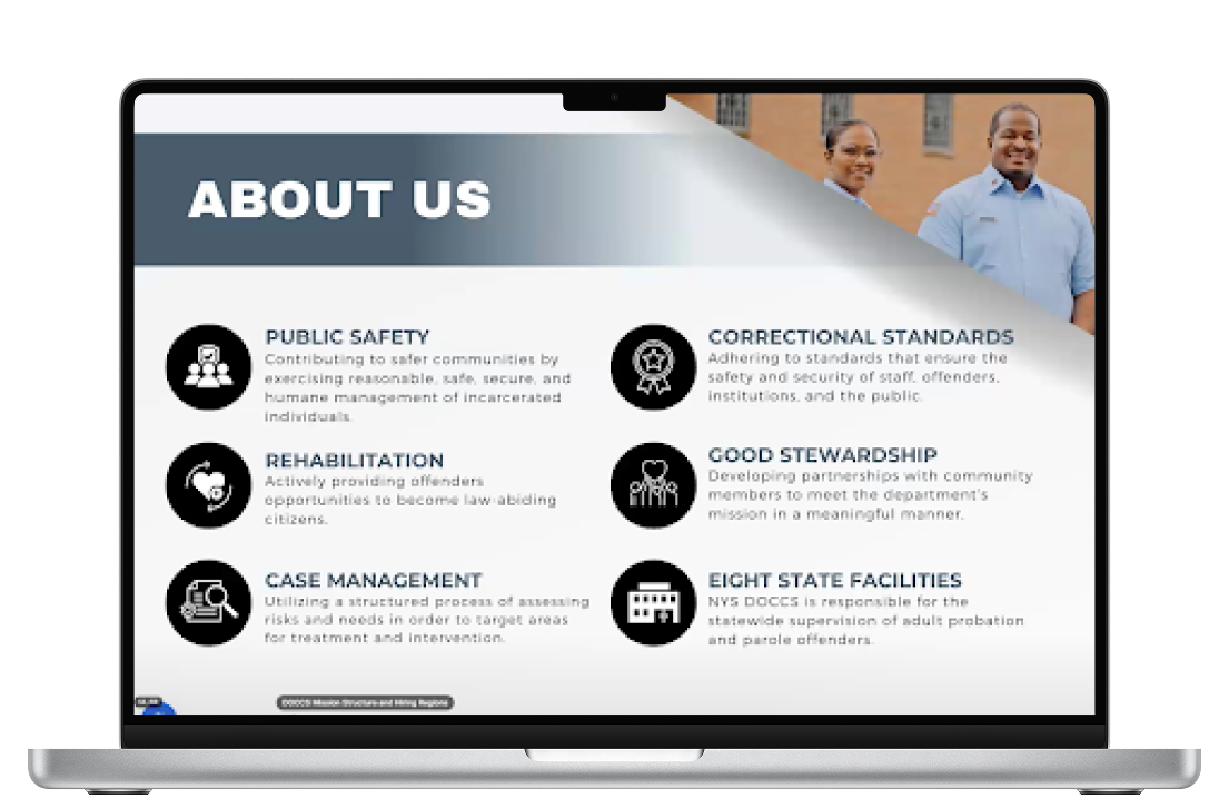 Laptop screen showing a presentation titled 'Why Work for Berkeley PD?' with four boxes labeled Community, Opportunities, Benefits, and Make a Difference, detailing career, advancement, pay, and community service benefits.