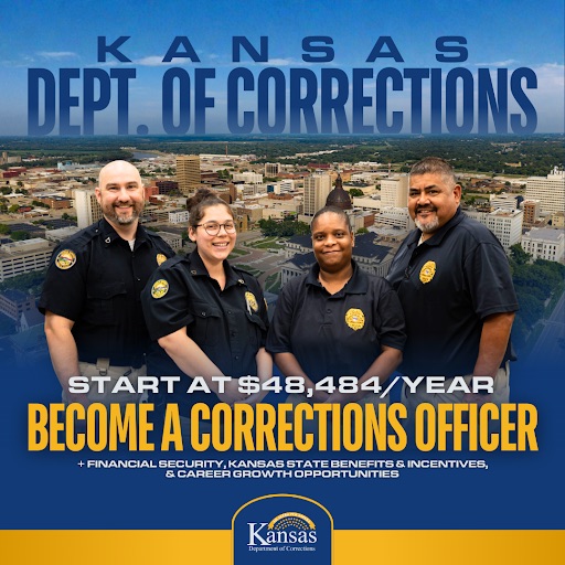 Four correction officers in blue uniforms standing in front of text announcing New York State Department of Corrections and Community Supervision hiring with salary range $66,365 to $101,269 per year.