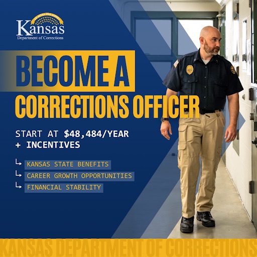 Two smiling correction officers in blue uniforms standing in front of a brick building, with text overlay stating 'Now Hiring Correction Officers, Earn $66,365 to $101,269/yr,' and New York State Department of Corrections and Community Supervision logo.