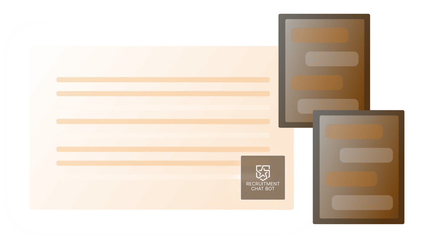 Illustration of an orange chat interface window with the label Recruitment Chat Bot and two separate chat message boxes nearby.