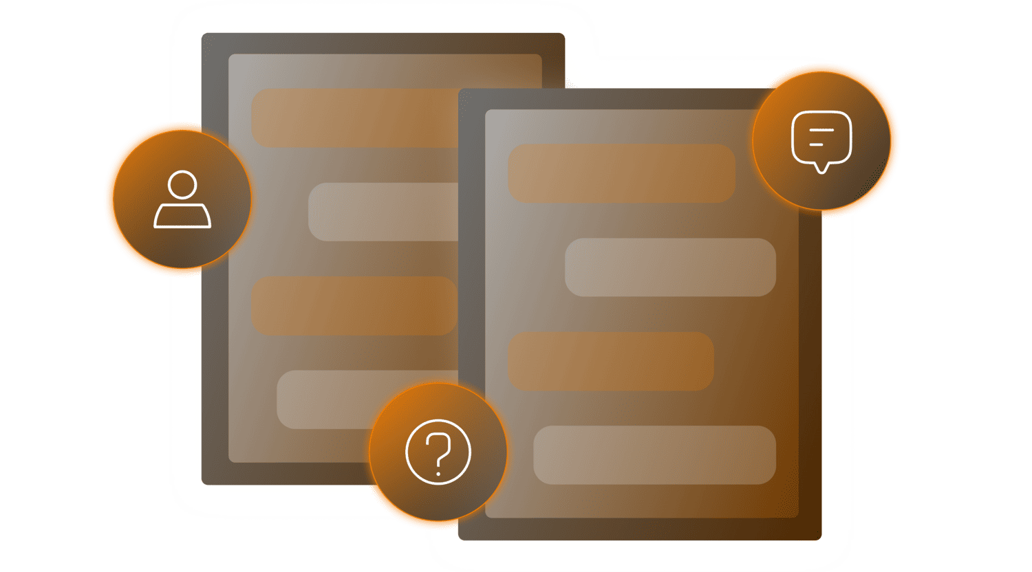 Two overlapping chat or message windows with icons representing user, question mark, and a speech bubble around them.