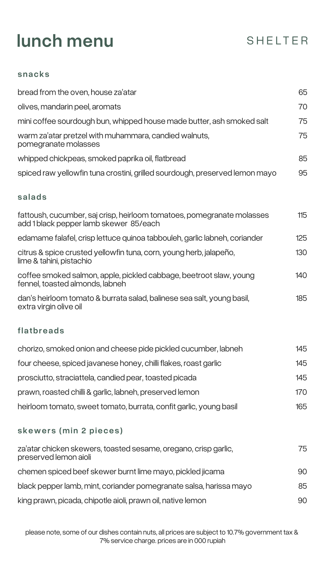 Shelter Bali lunch menu, page 1