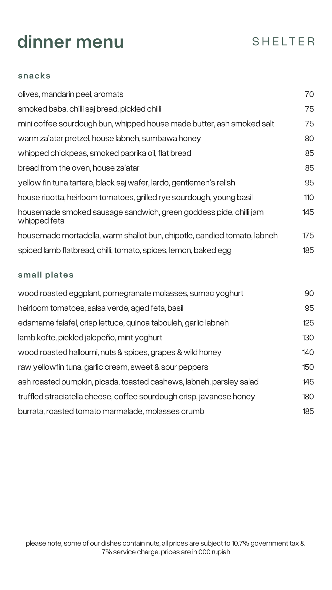 Shelter Bali dinner menu, page 1