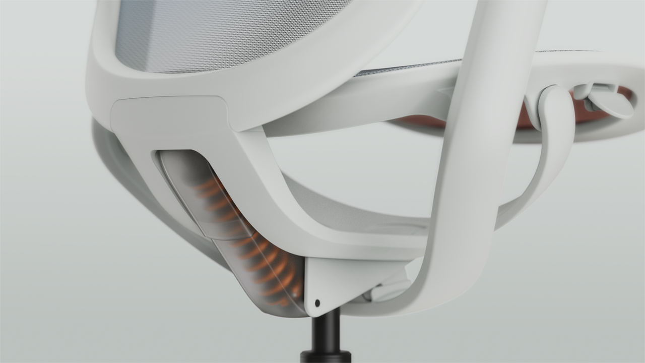 The O2 Chair by Goodtone, designed by Circ Industrial Design, a modern ergonomic office chair in white with a mesh backrest and seat, shown against a soft grey background.