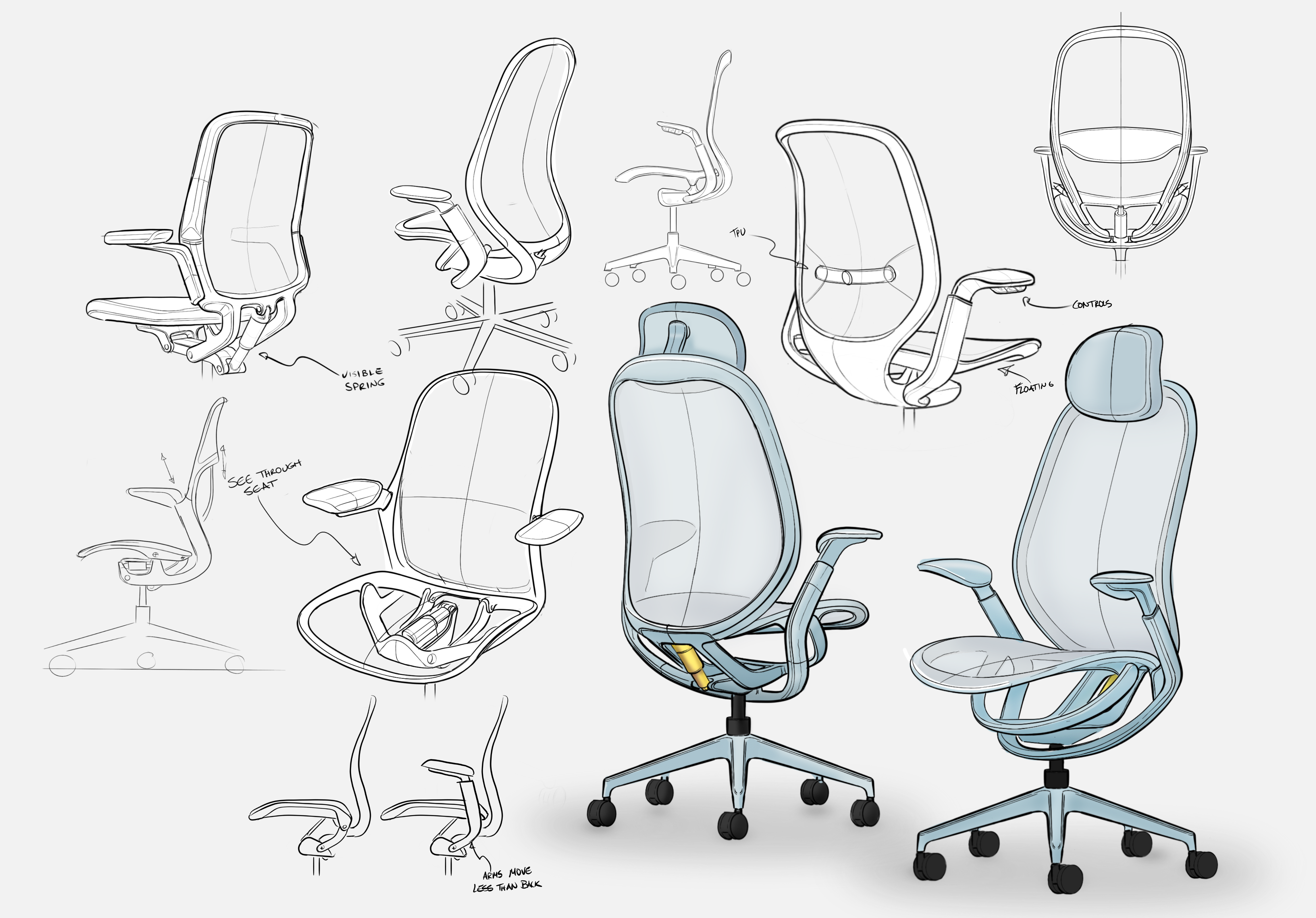 Concept sketches and renderings of the O2 Chair by Goodtone, designed by Circ Industrial Design — showing development drawings and final colored design proposals for the mesh office chair.