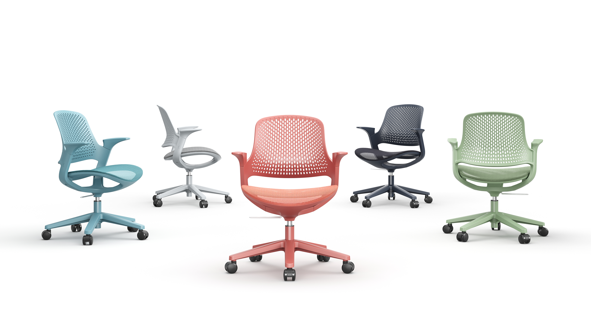A collection of 4 rhyme chairs in different colours showing the different base and arm options available.