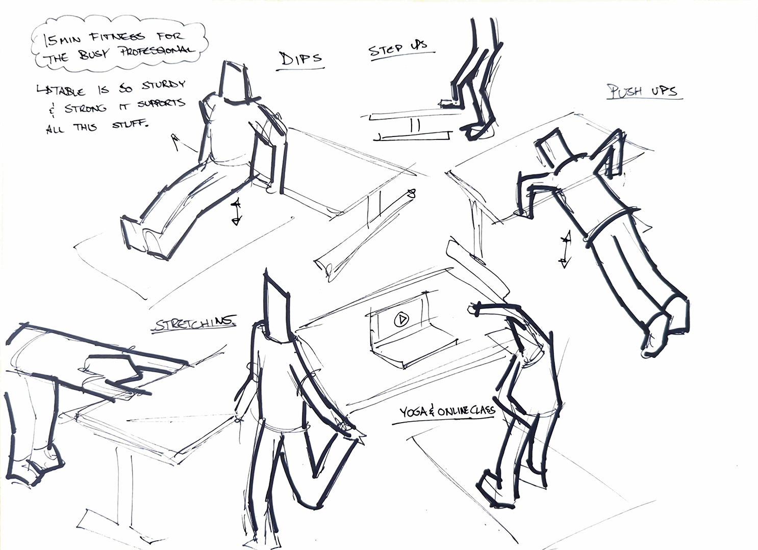 Hand-drawn storyboard illustrating a 15-minute fitness routine for busy professionals with figures demonstrating dips, step ups, push ups, stretching, and yoga with online class.