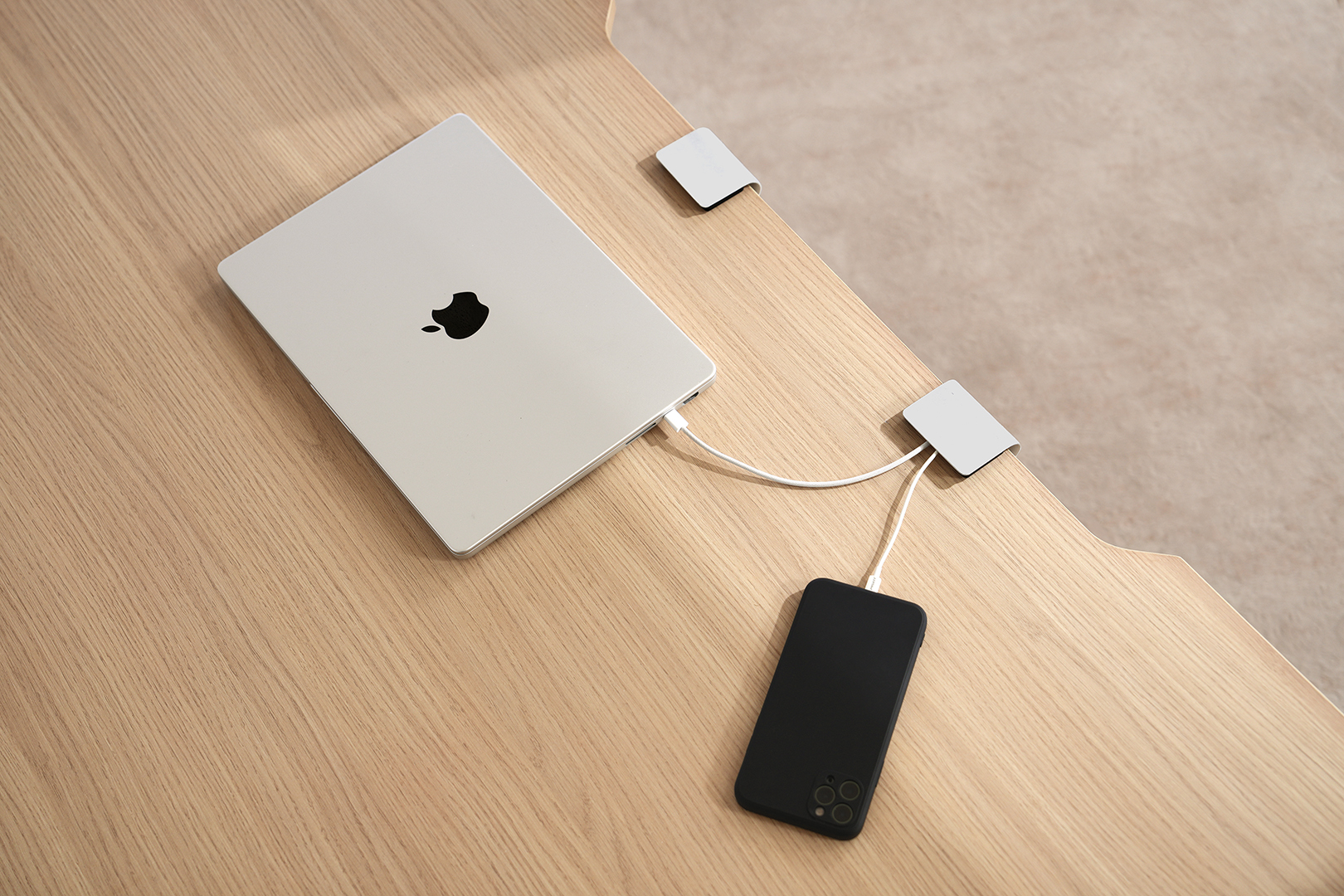 cable management clip on the work surface of the marinamantra flow desk