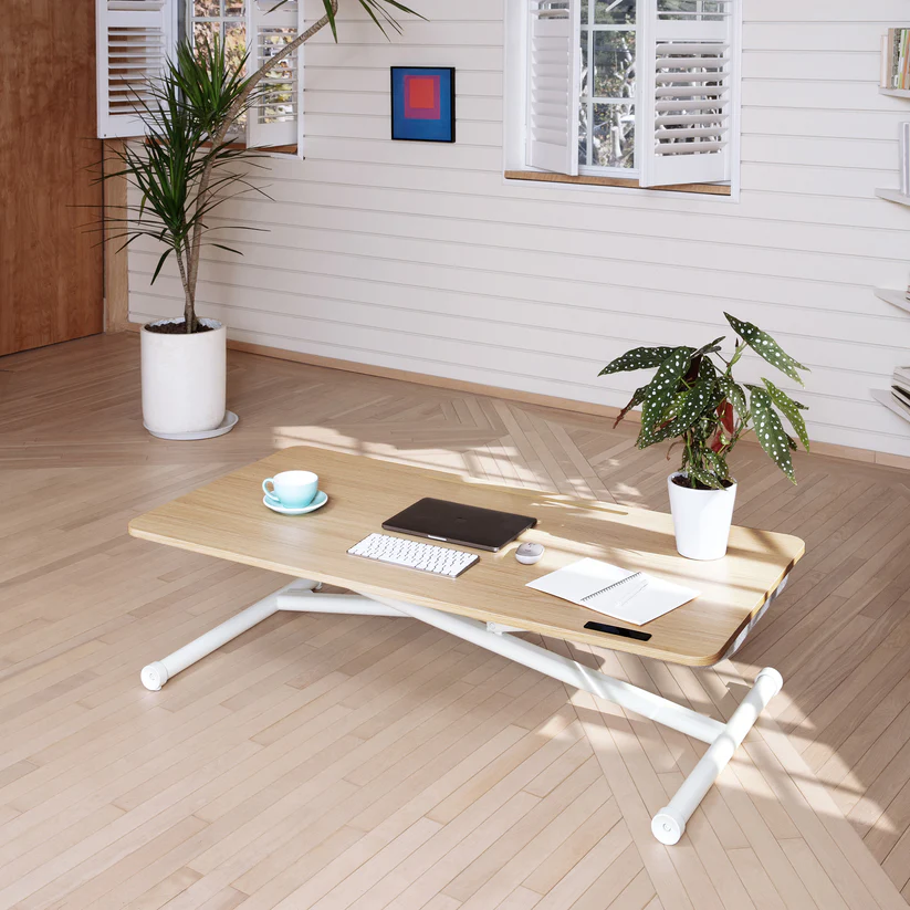 MarinaMantra Flow desk in the lowest position 30cm above the floor, with a plant, laptop and coffee cup on the work surface.