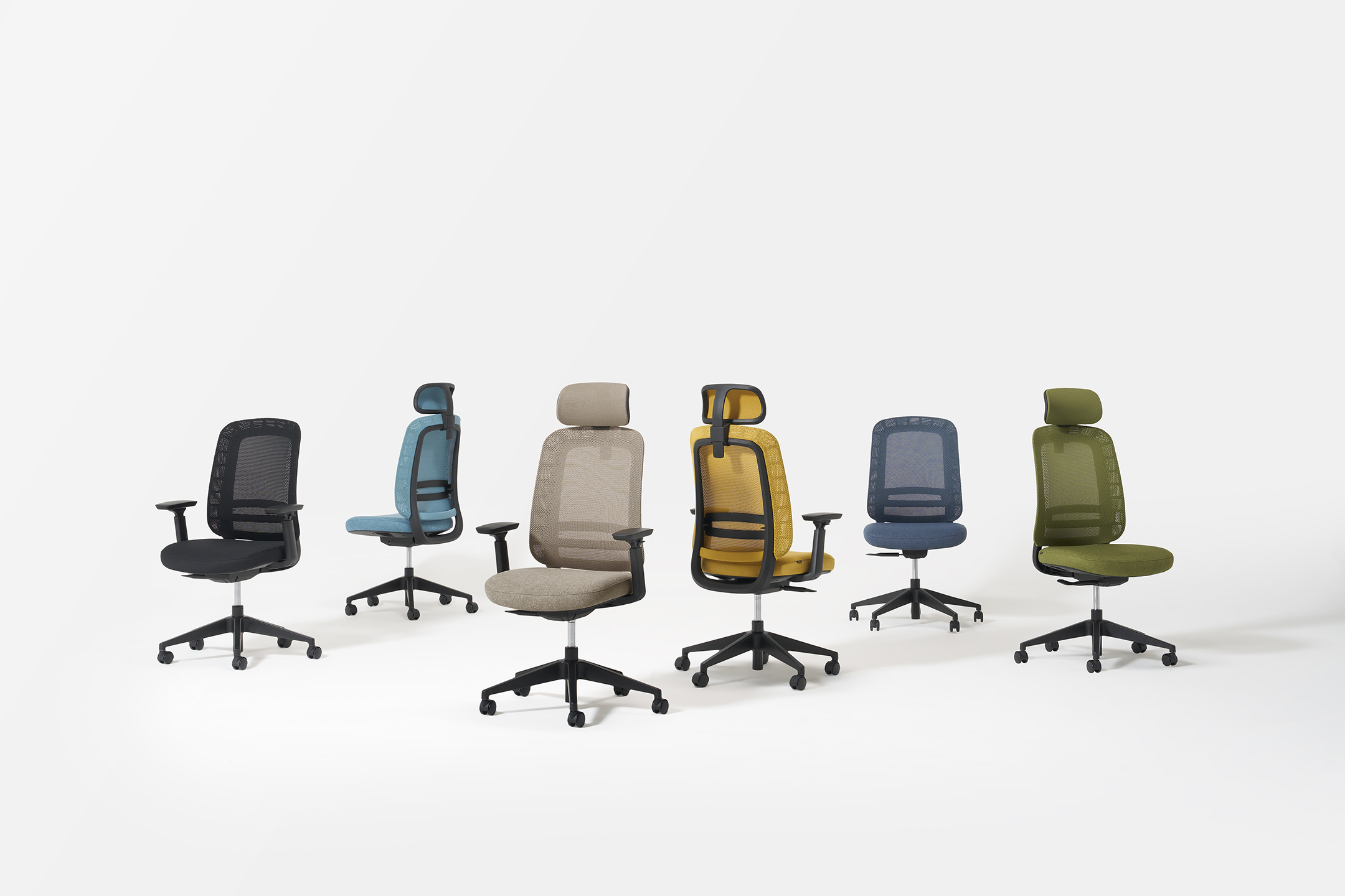 A collection of 4 rhyme chairs in different colours showing the different base and arm options available.