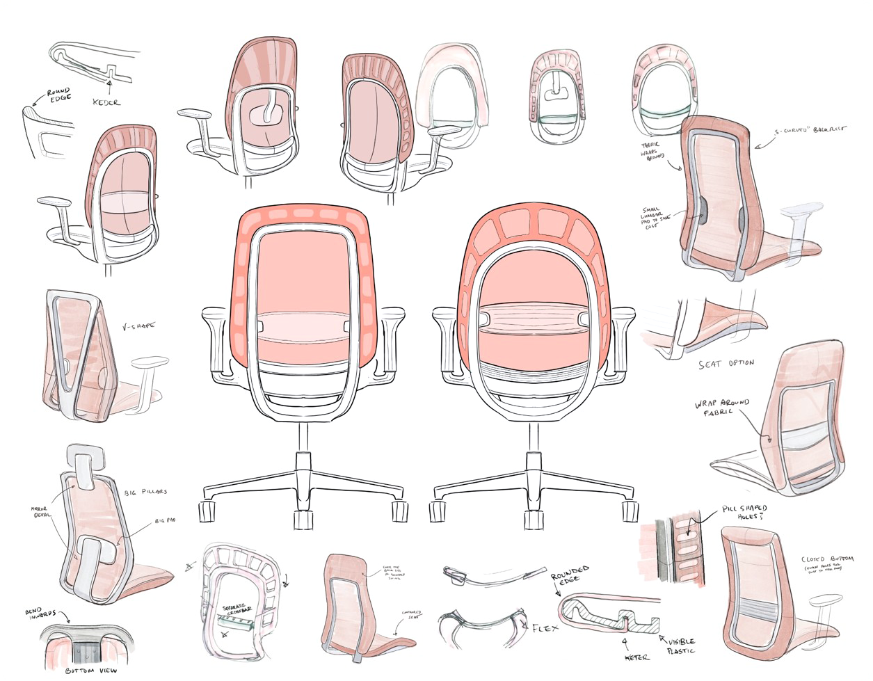 Sketches showing the evolution of the PLUS mari chair design