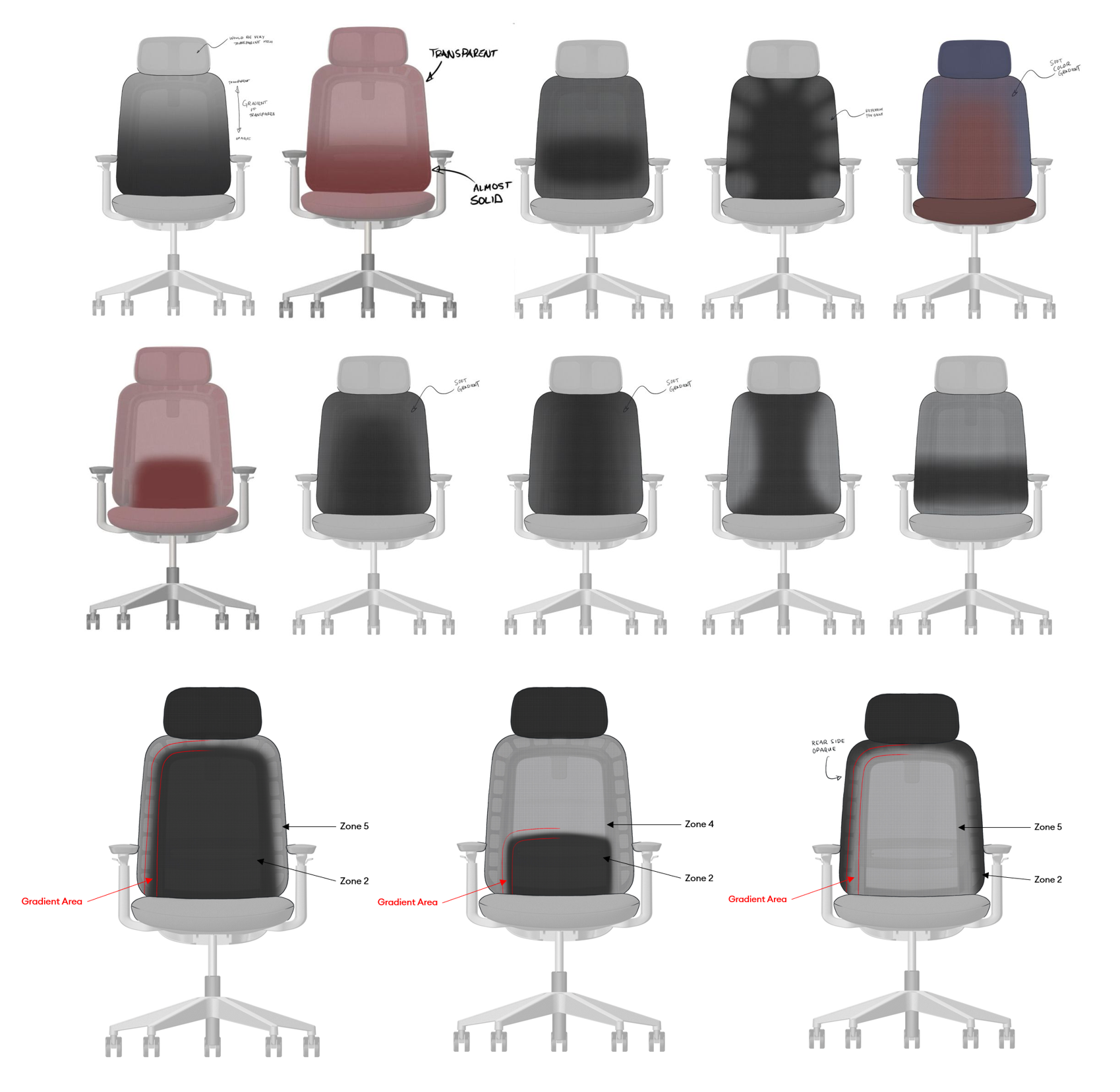 Variations on the 3D knit pattern for the backrest of the PLUS mari chair