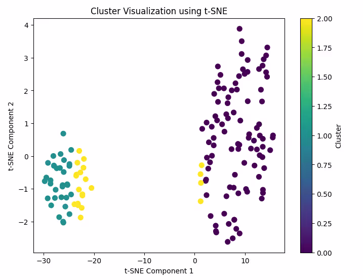 Cluster Visualization using t-SNE: A t-SNE scatter plot of clustered data, color-coded with a color bar representing cluster labels.