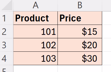 Excel table formatted with colored cells for product and price.