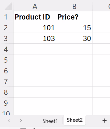 Spreadsheet table with product IDs and corresponding prices.