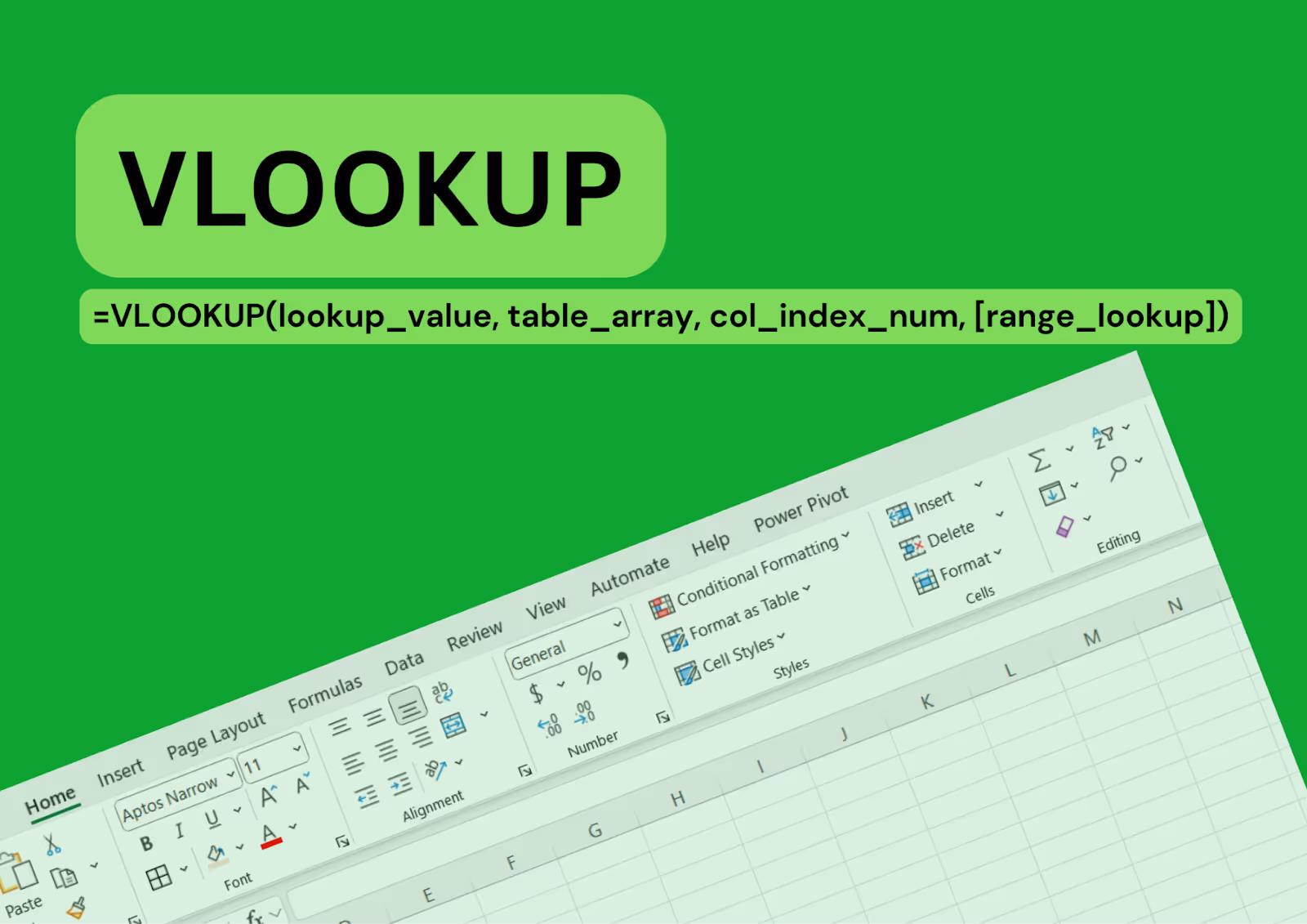Graphic with "VLOOKUP" title and an Excel interface in the background.