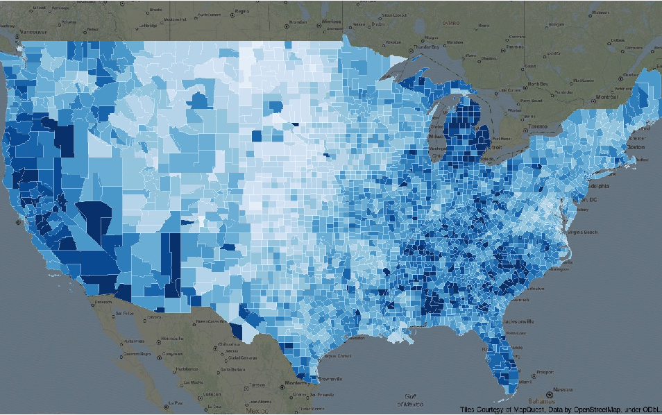 A choropleth of the USA made using geoplotlib