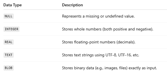 5 different Core SQLite Data Types
