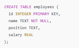 Use the CREATE TABLE command to define a new table in your SQLite