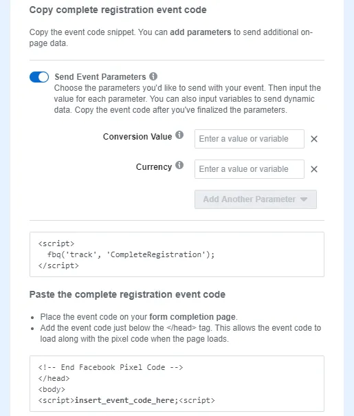 Complete registration event code