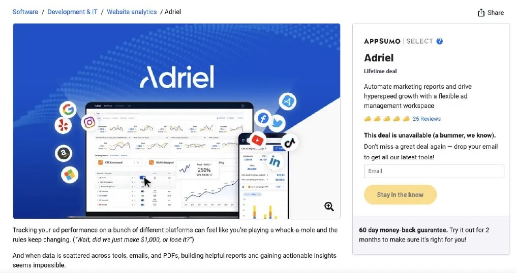 A screenshot showing Adriel’s page on AppSumo - Adriel