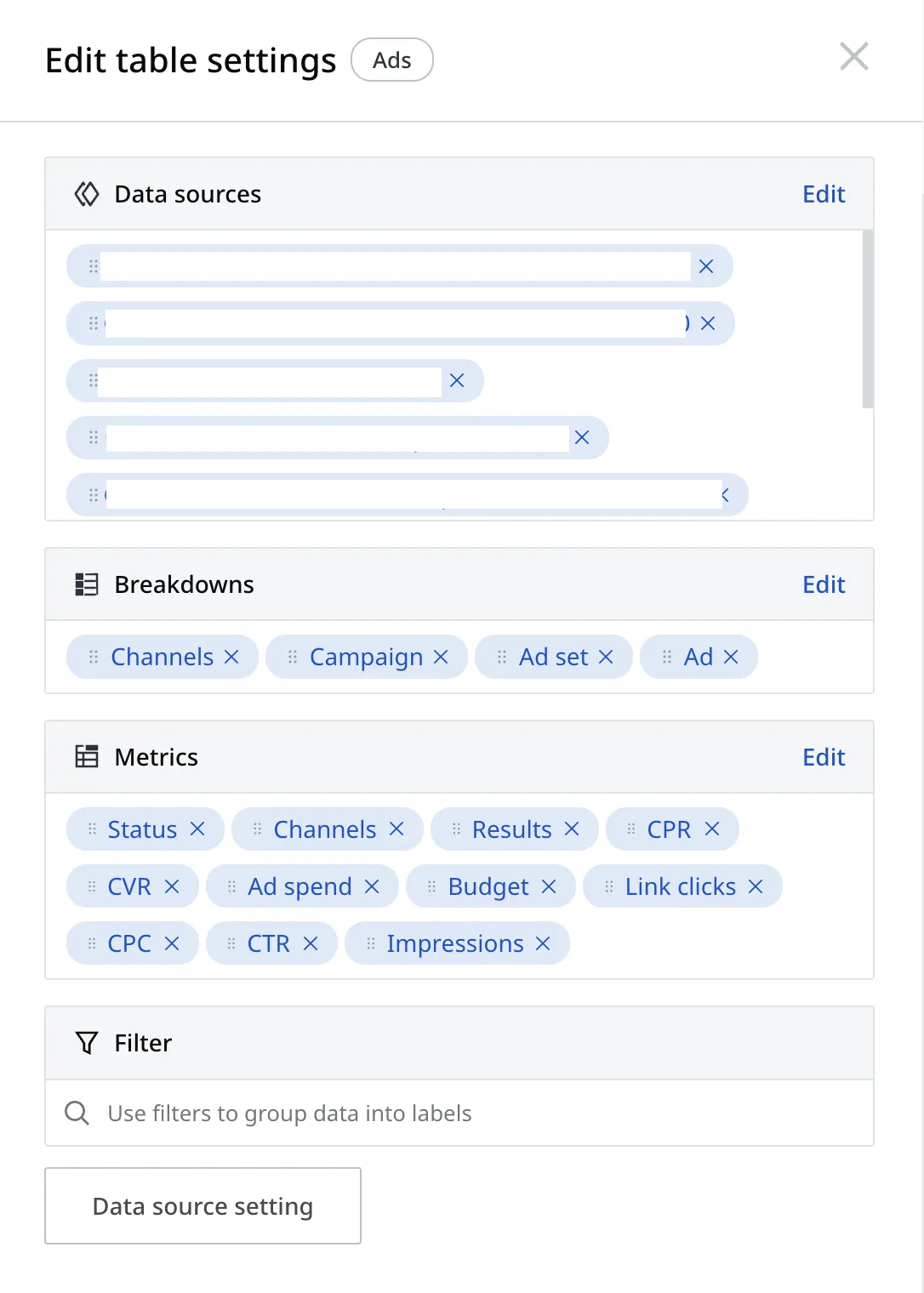 How to edit table settings according to breakdowns or metrics on Adriel - Adriel