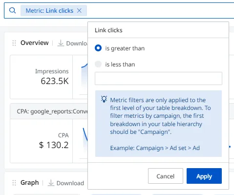 How to filter by any metric in tables, regardless of channels on Adriel - Adriel