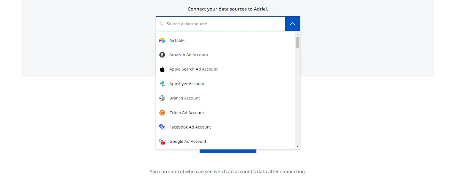 Connect to your data sources in minutes on Adriel’s marketing dashboard - Adriel