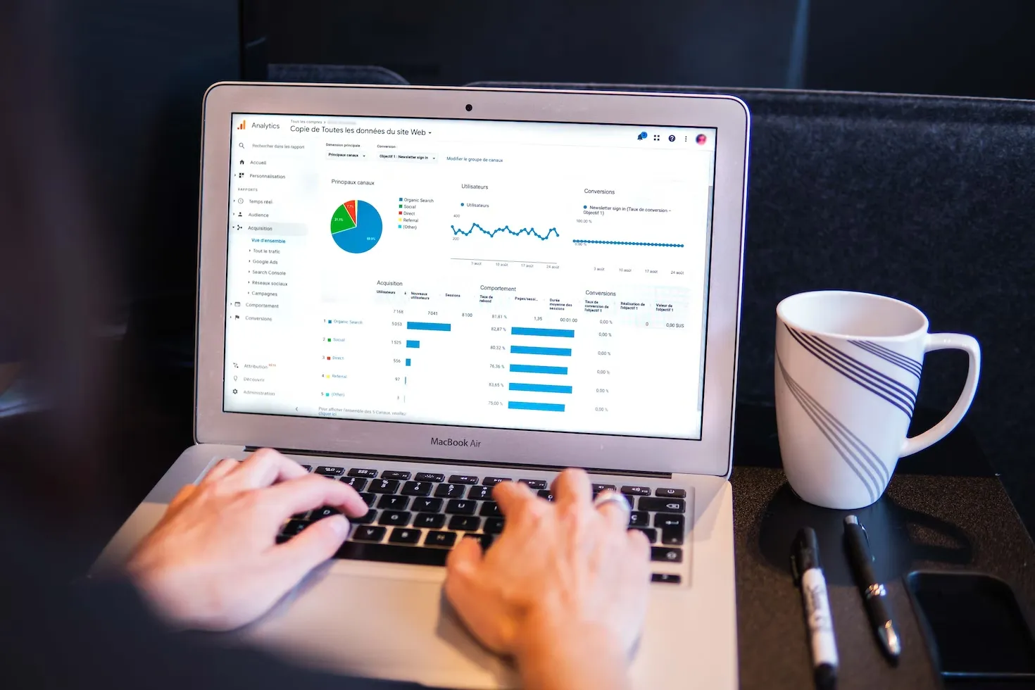A person using a MacBook Air displaying marketing metrics and graphs – Adriel