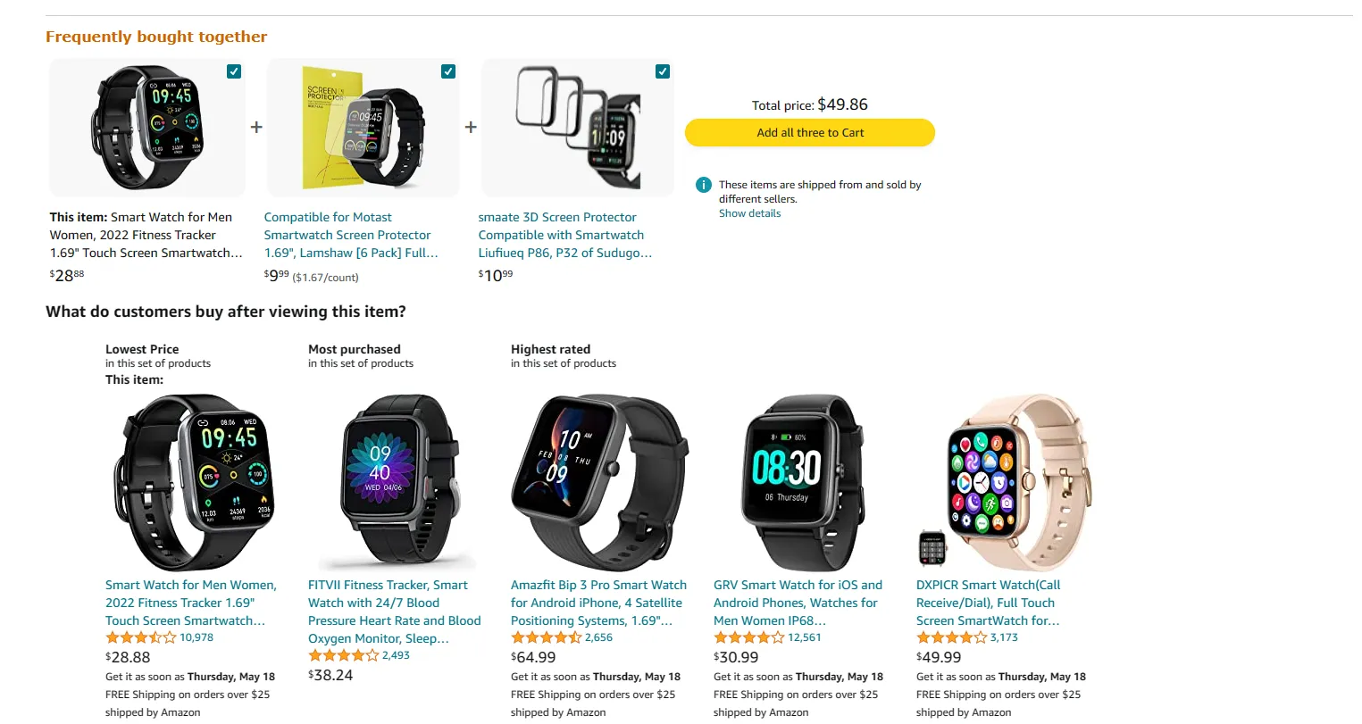 Amazon frequently bought together and what customers buy for smart watches - Adriel