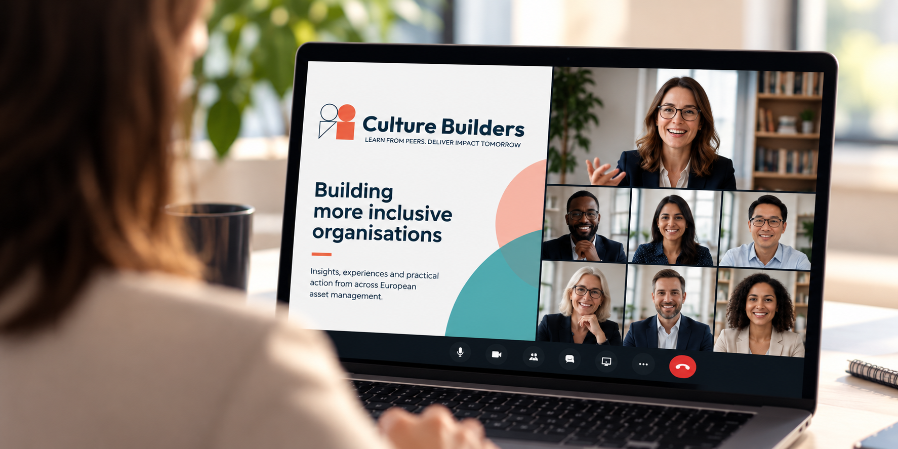 Illustrative Culture Builders webinar displayed on a laptop with participants joining remotely