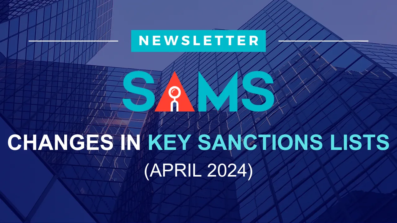 blue newsletter poster which contains changes in key sanctions list of April 2024 of the name screening anti money laundering product of Solytics partners company