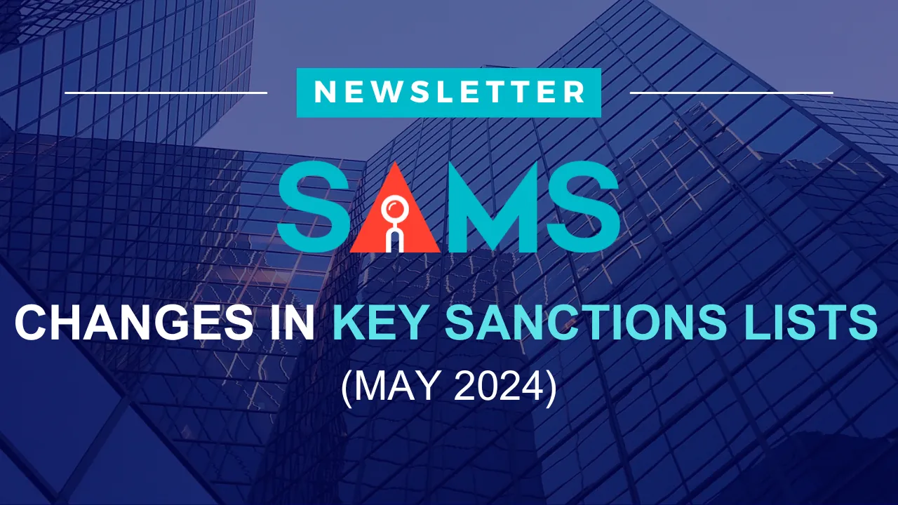 blue newsletter poster which contains changes in key sanctions list of may 2024 of the name screening anti money laundering product of solytics partners company