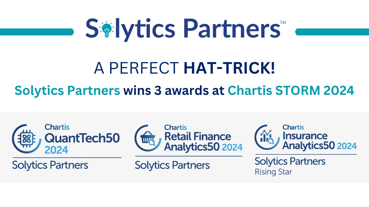 Banner celebraging Solytics Partners winning 3 prestigious awards at Chartis STORM 2024 - QuantTech50, RetailFinanceAnalytics50, and InsuranceAnalytics50