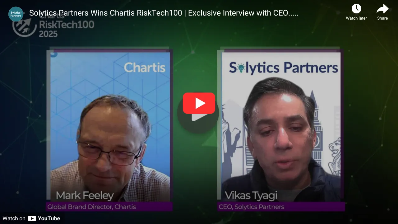 Solytics Partners wins Chartis RiskTech100 award for innovative AI-driven risk and compliance solutions, featuring CEO Vikas Tyagi.