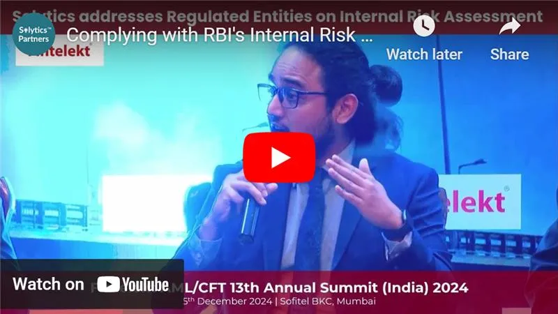 Banner featuring Solytics Partners team at Fintelekt AML/CFT 13th Annual Summit 2024 in Mumbai, showcasing session title 'AML/CFT Compliance Priorities for 2025,' with event details, team photos, and stock images of financial compliance themes.